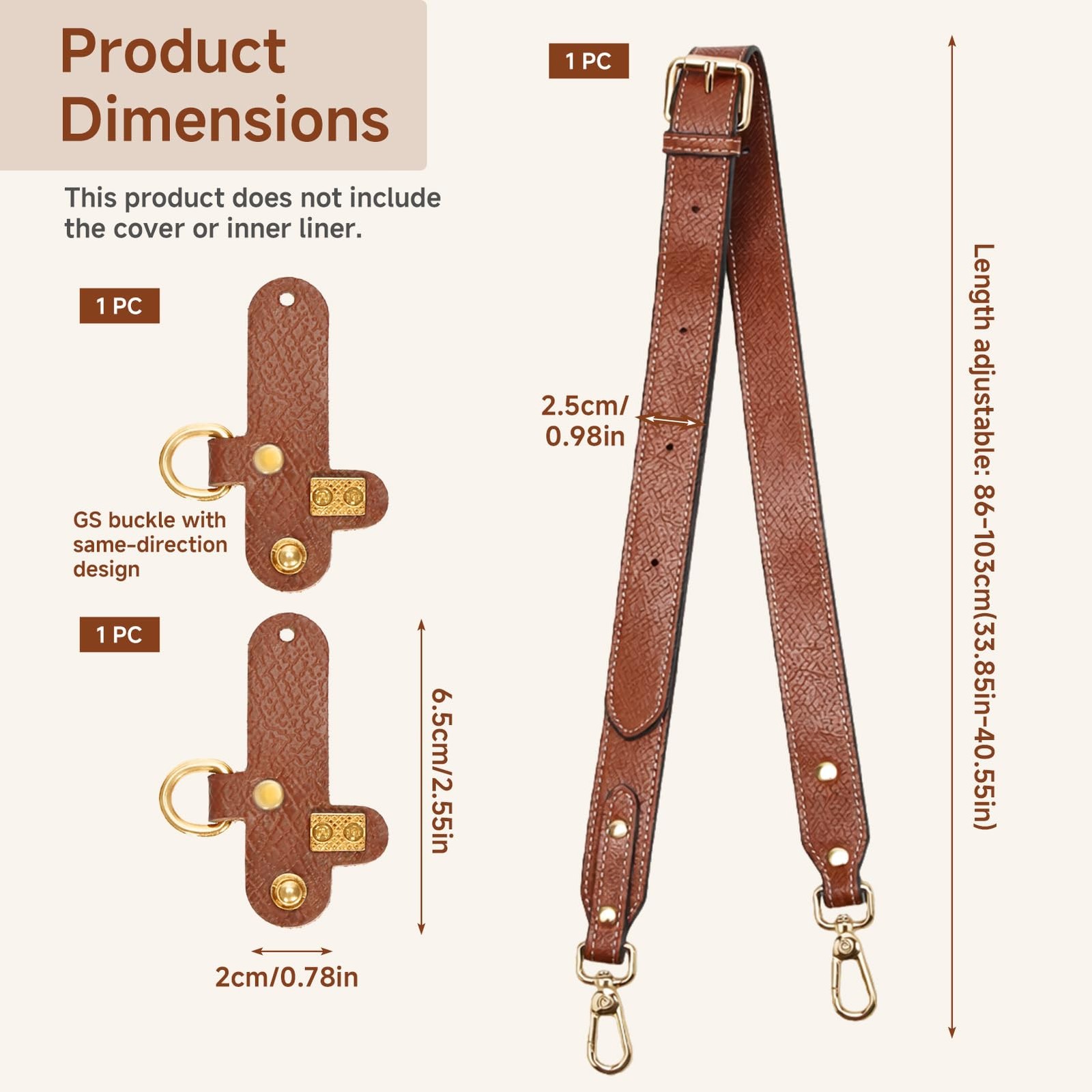 Leather Strap Conversion Kit Compatible with Longchamp Le Pliage, Cognac Genu...