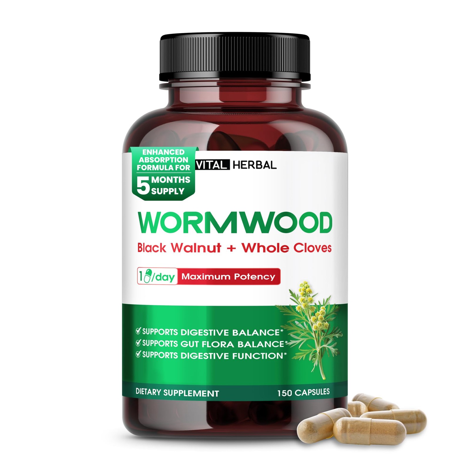 VITAL HERBAL Wormwood with Black Walnut Whole Cloves 150 Count (Pack of 1)