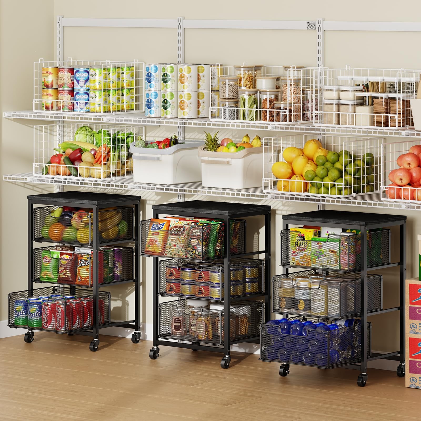 Pantry Organizer and Storage Cart, 3-Tier Kitchen Storage Cart with Drawer, F...