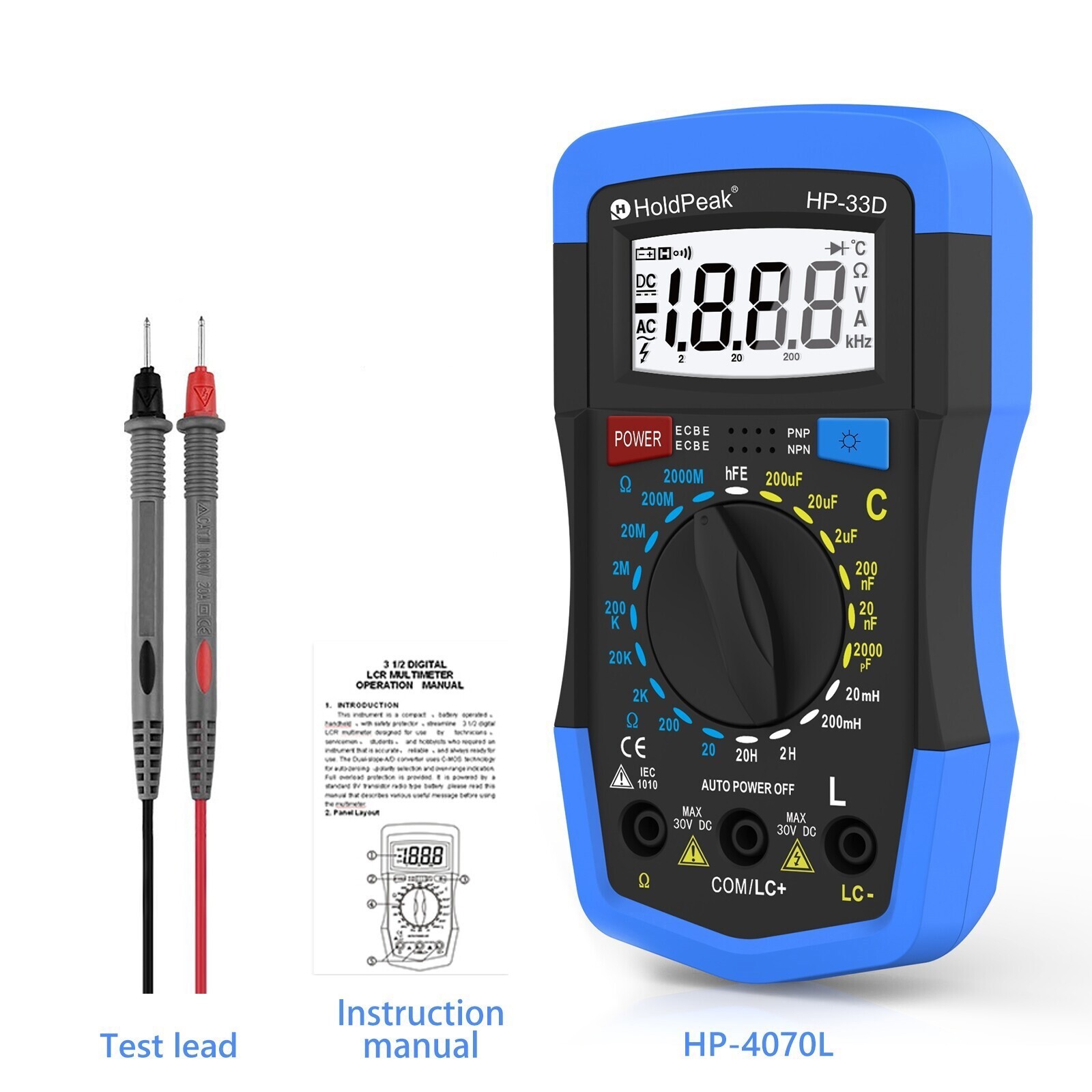 Digital LCR Multimeter, Capacitor Tester, Inductance Meter hFE Ohm Tool LCD US
