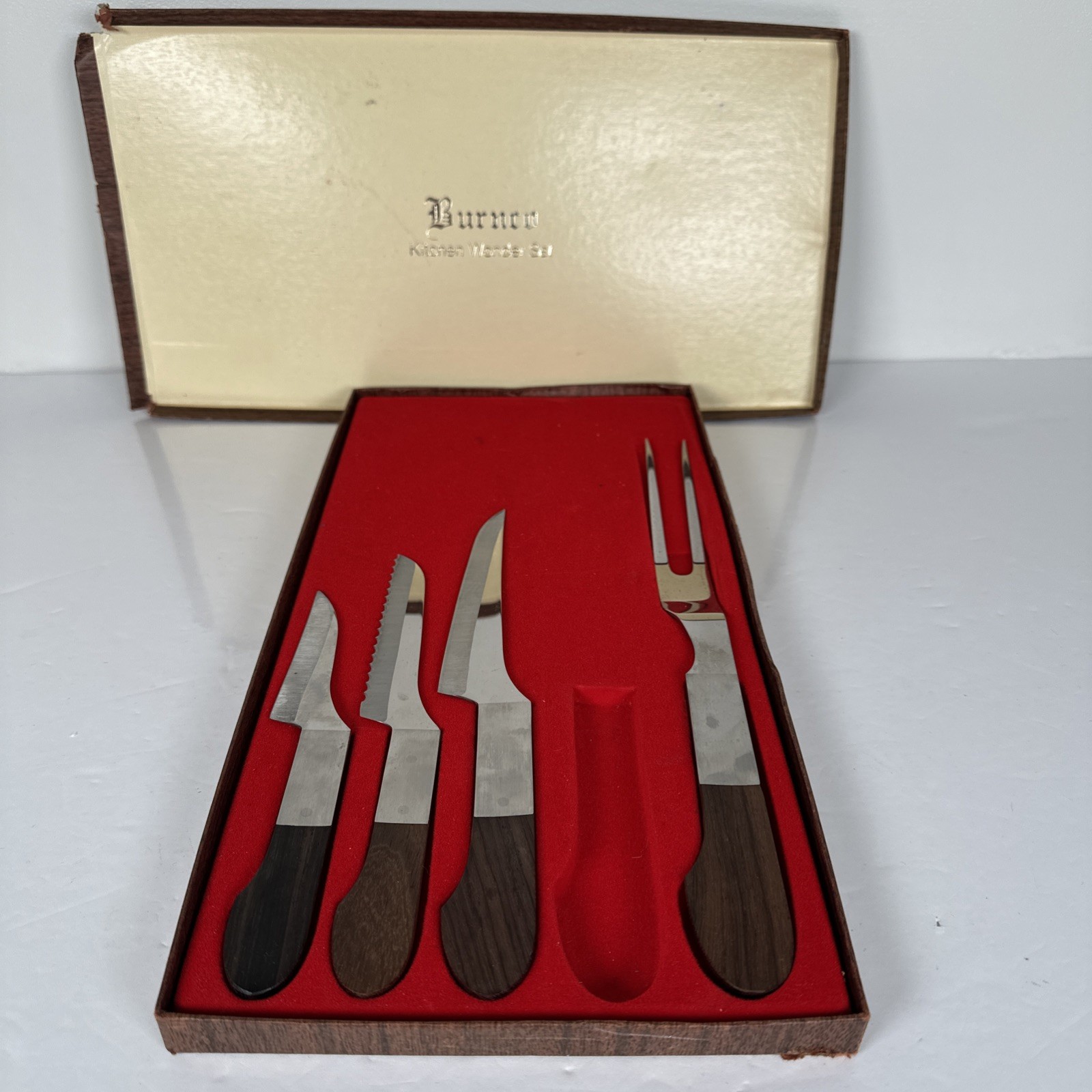 Vintage MCM Burnco 4 pc Knife Set Rosewood Stainless Steel Japan NOS NEW In Box
