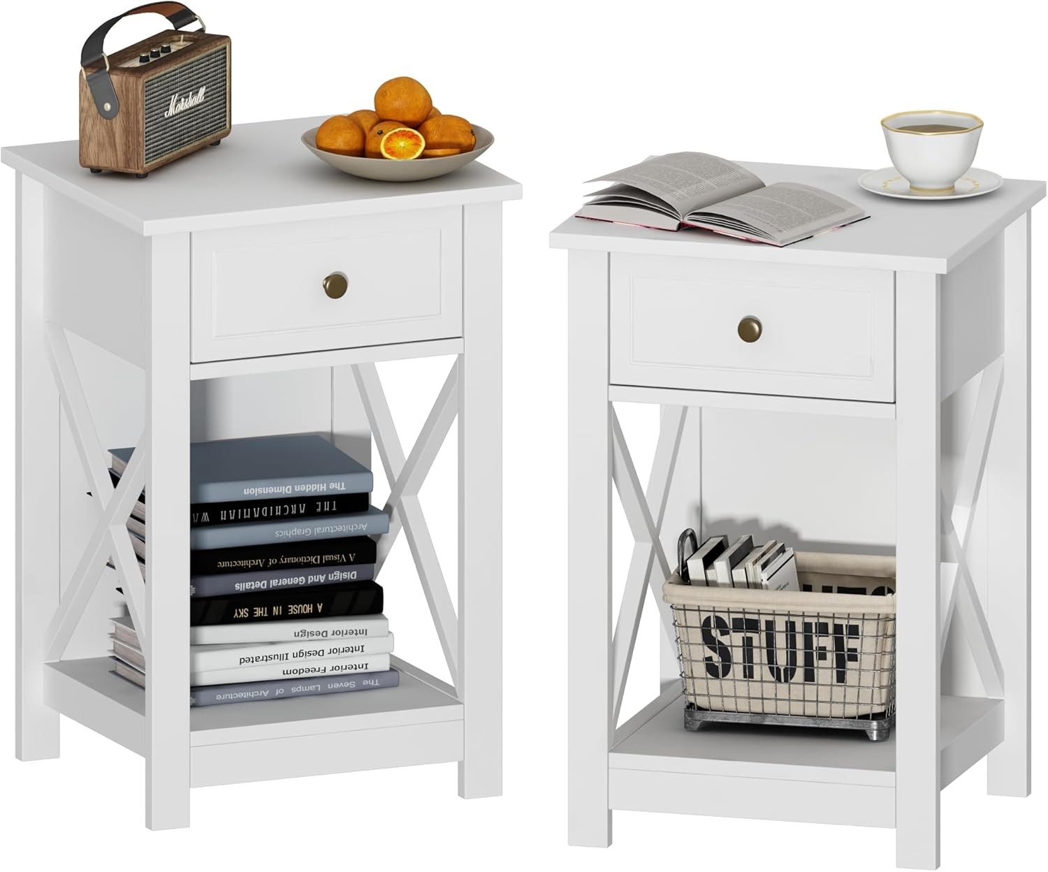 White Nightstand Set of 2, Modern X-Design Night Stand,Bedside End Table