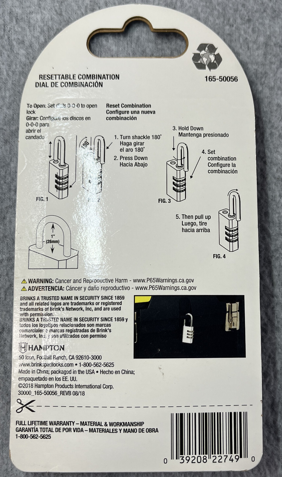 BRINKS 3-Dial Resettable Combo Keyless Easy-to-Use Security Padlock #165-50056