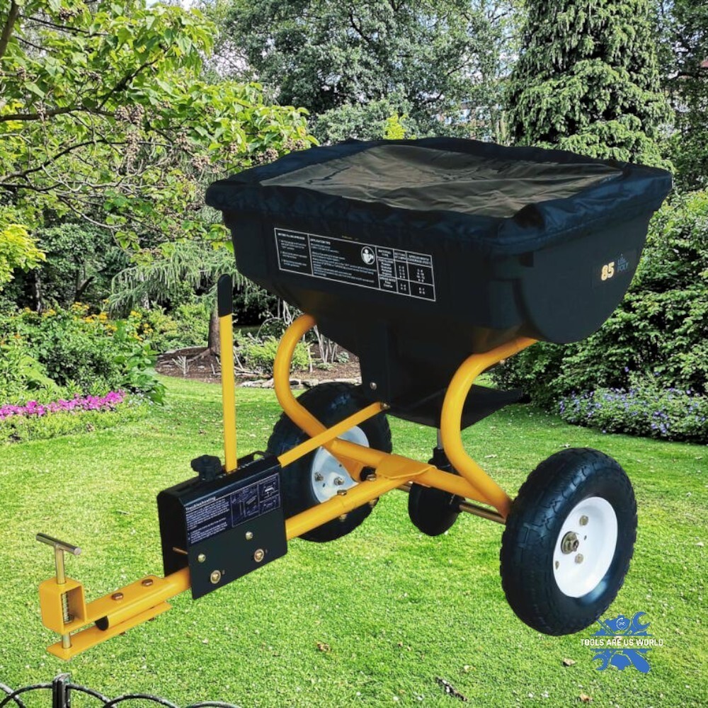 85 Lb Tow Behind Broadcast Spreader Rust Proof Poly Hopper Universal Hitch Pin