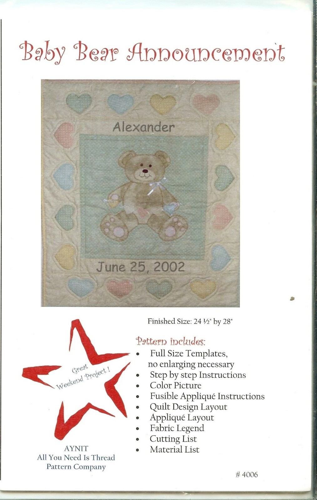 All You Need Is Tread Baby Bear Announcement Quilt Pattern 24" x 28"