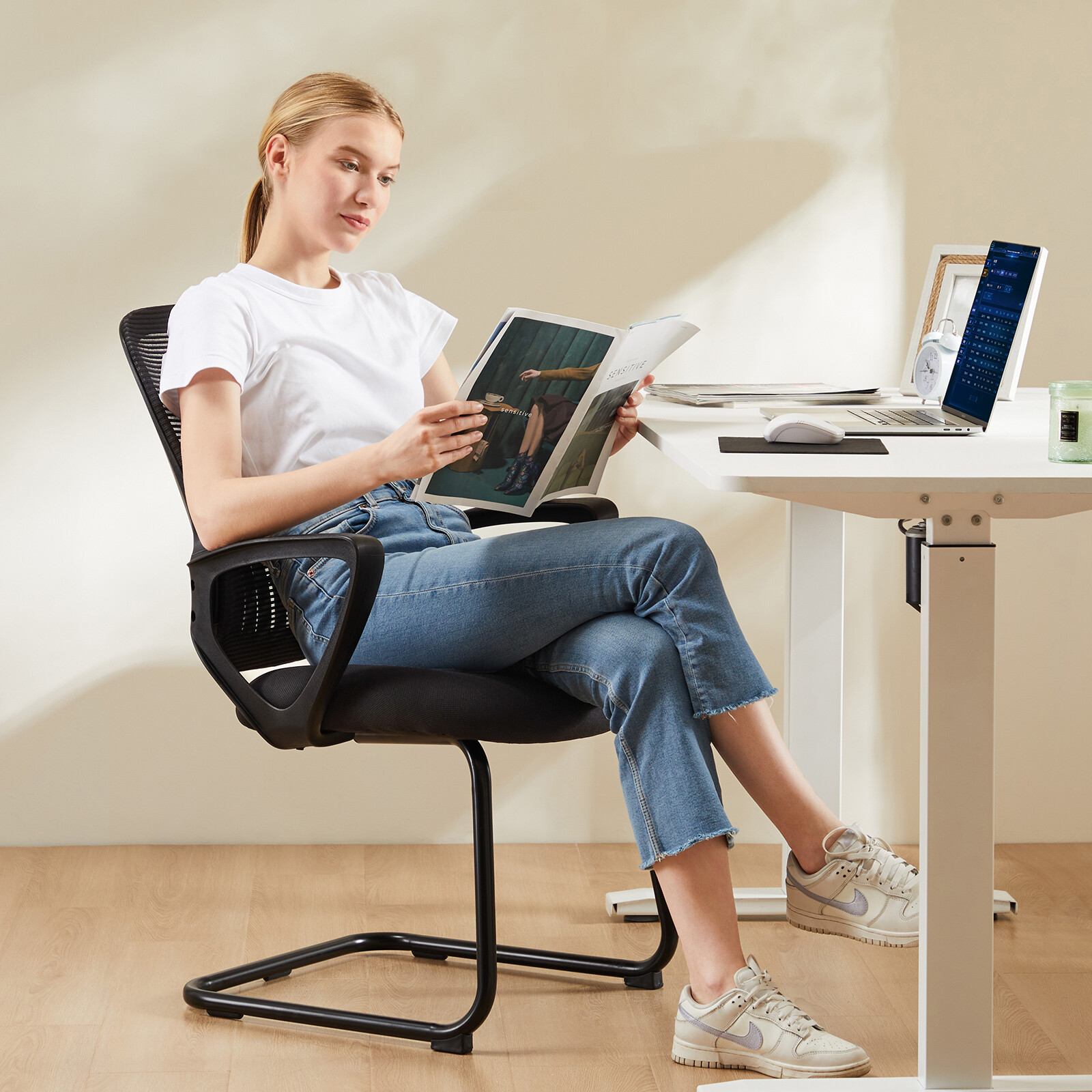 Mesh Office Chair Fixed Arm No Wheels Reception Conference Guest 1/2 Set