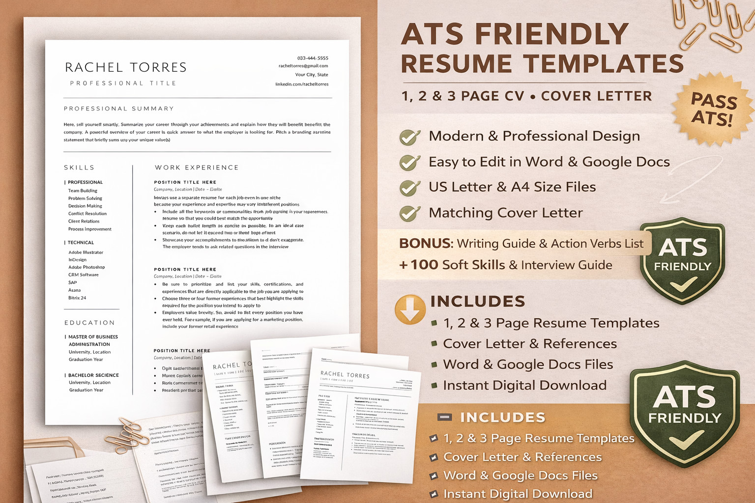 Modern Minimal Resume Template| 3 ATS Optimized CV + Cover letter, Editable.