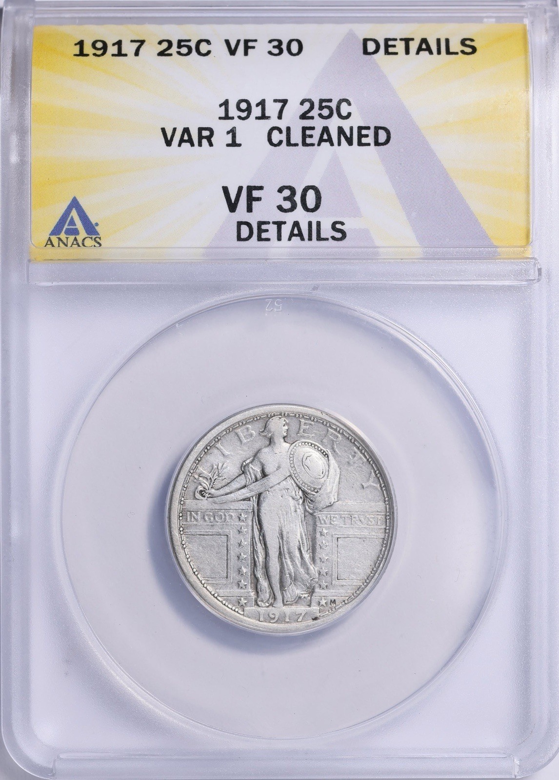 1917 Type 1 Standing Liberty Quarter 25c - ANACS VF 30 - SLQ Type 1