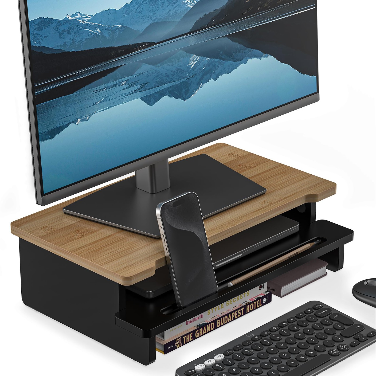 16.5 Inch Wood Monitor Stand Riser Desk Shelf Storage Phone Holder Bamboo