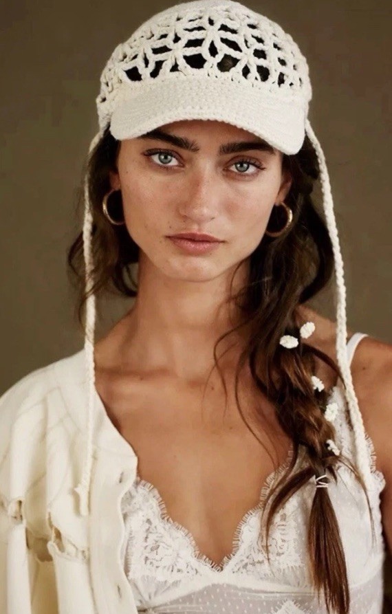 Free People Silvie 100% Cotton Crochet Knit Baseball Hat Cap In Ivory NWOT $42