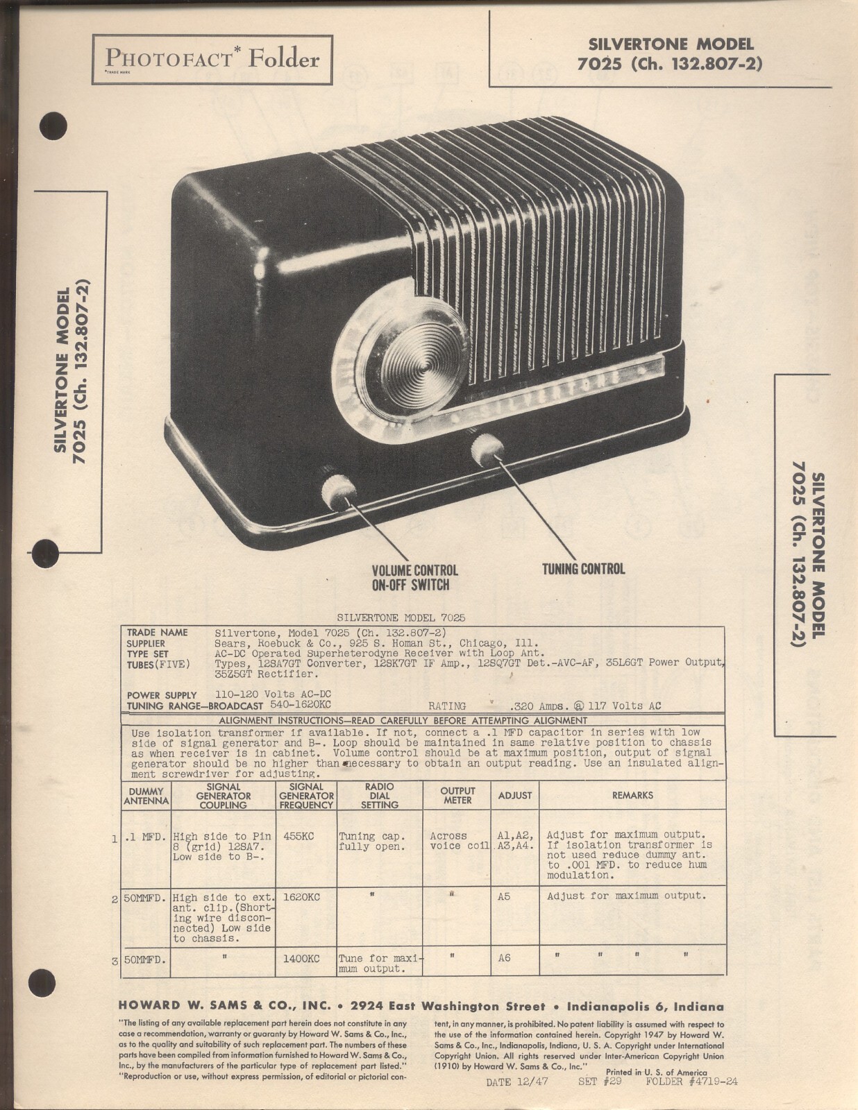 SILVERTONE Model 7025 Ch 132.807-2, SAMS Photofact 1947, 4 Pages, NOS
