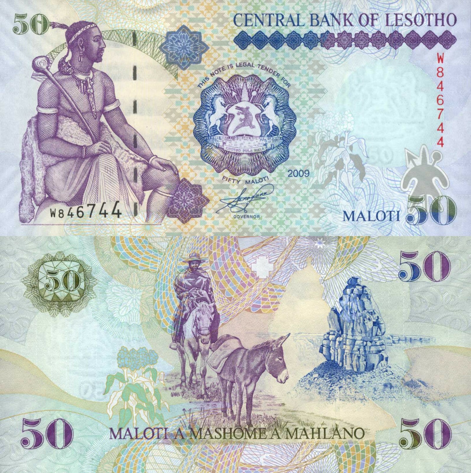 Lesotho 50 Maloti (2009) - Herdsman with Pack Donkey/p17e UNC