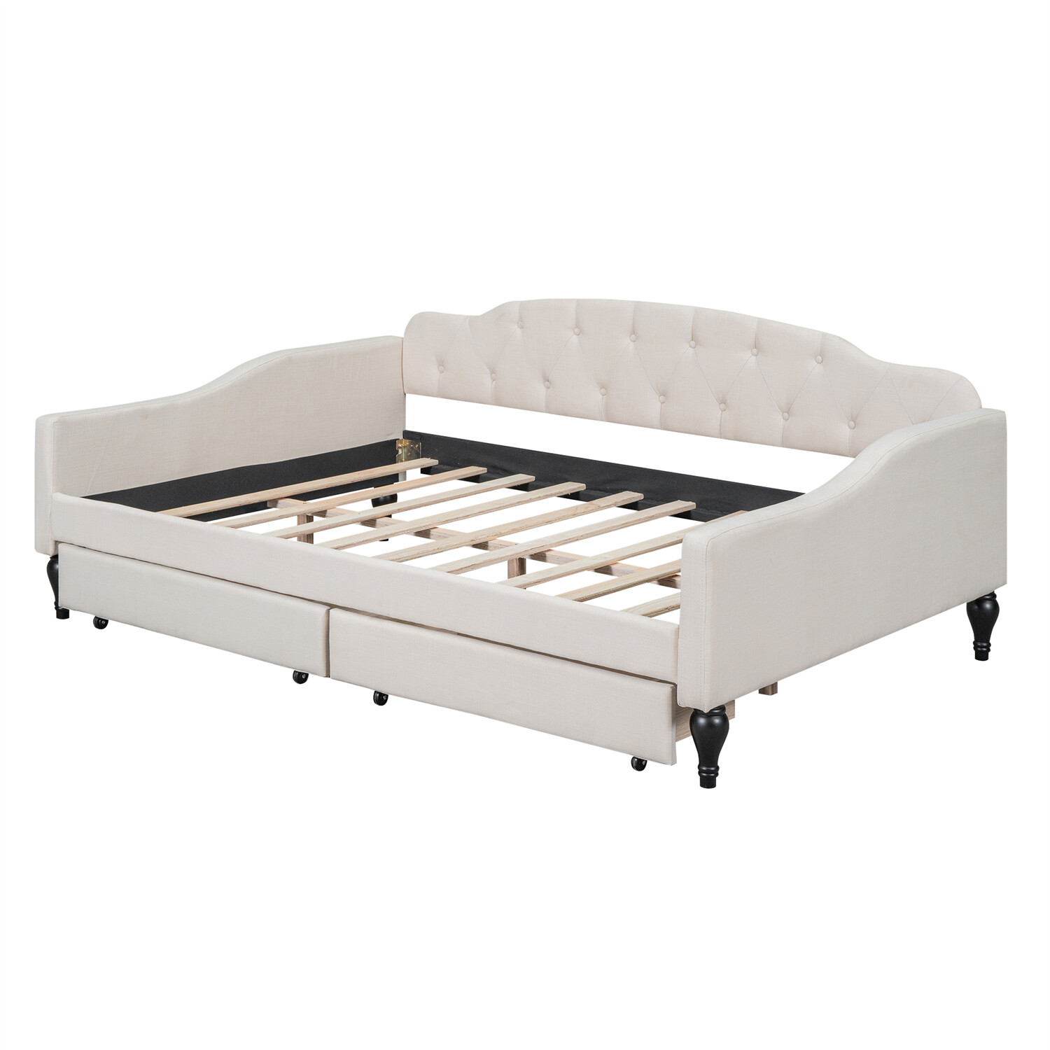 Full Size Daybed Upholstered Bed Frame Sofa Bed w/ 2 Storage Drawers Beige