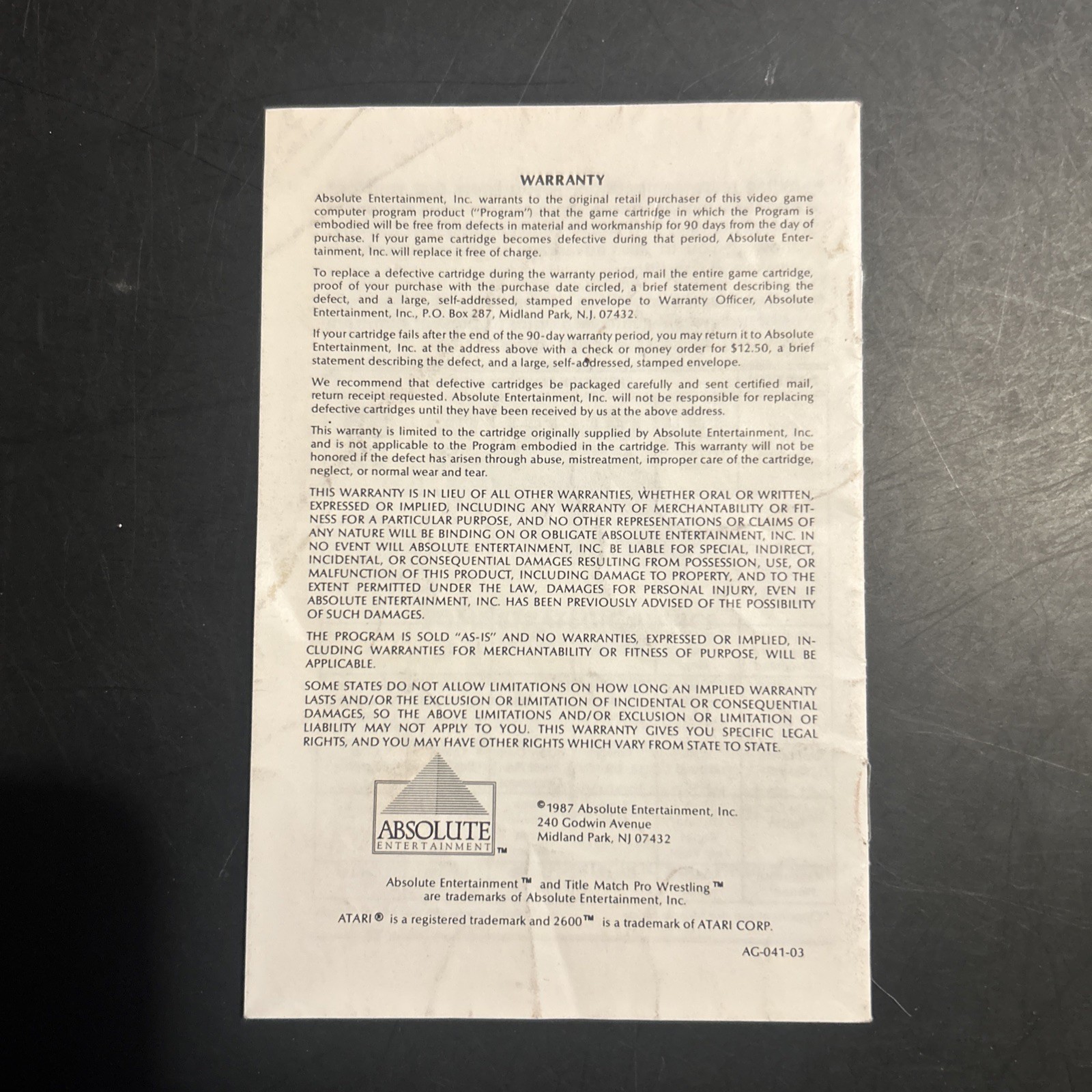 Title Match Atari 2600 MANUAL ONLY Authentic Booklet