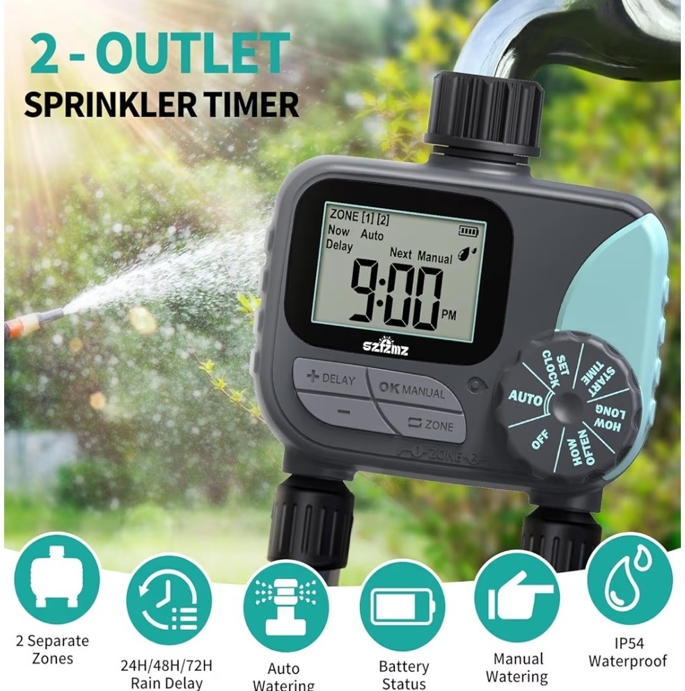 Water Timer for Garden Hose Programmable, 2 Zone Sprinkler Timer with Rain Delay