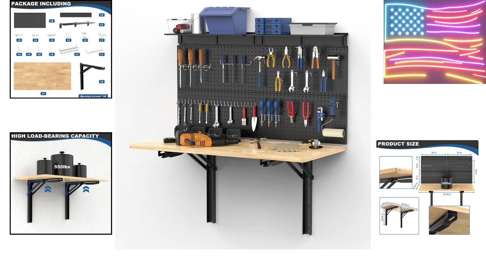 Wall Mounted Workbench with Pegboard, Folding Down Work Table Metal Pegboard ...