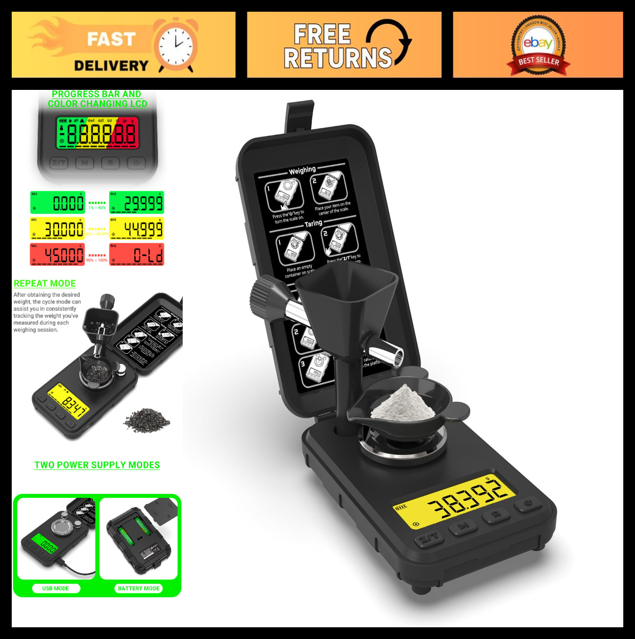 Precision Reloading Scale 50g/0.001g, Digital Powder Scale with Trickler & 3 Bac