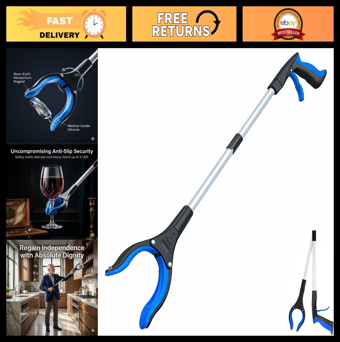 32" Extra Long Foldable Grabber Tool - Heavy Duty Reaching Aid for Seniors & Rec