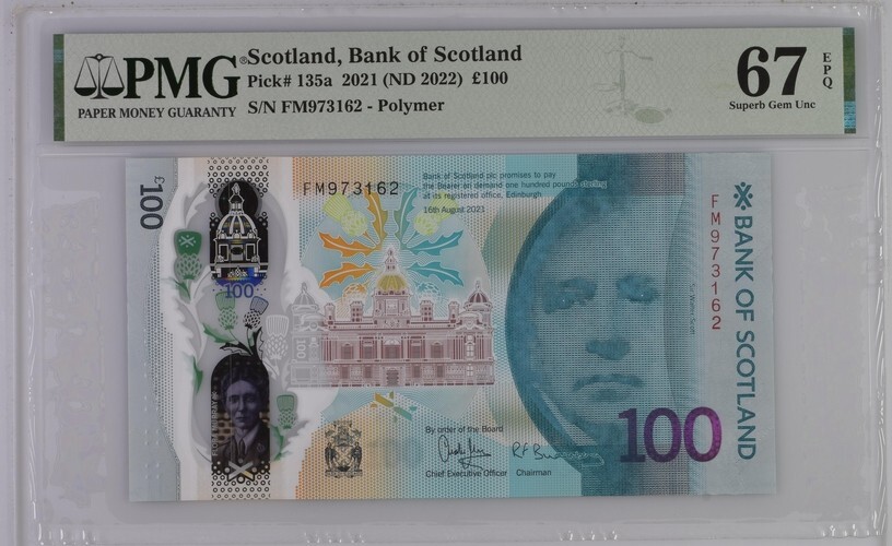 Scotland 100 Pounds 2021(2022) P135a UNC - Polymer / PMG Superb GEM67EPQ