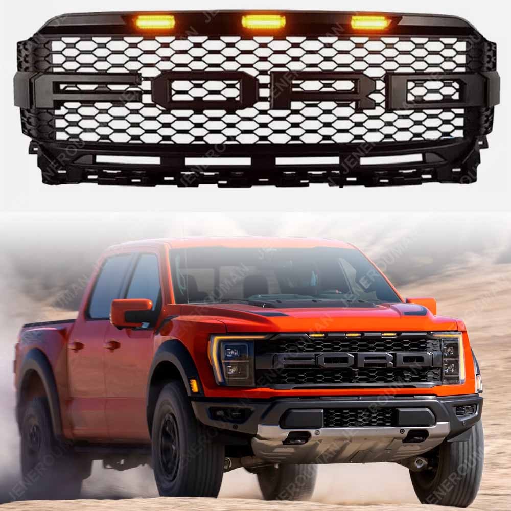 For 21-23 Ford F-150 F150 Bumper Upper Grill Black Grille Raptor Style W/ Light