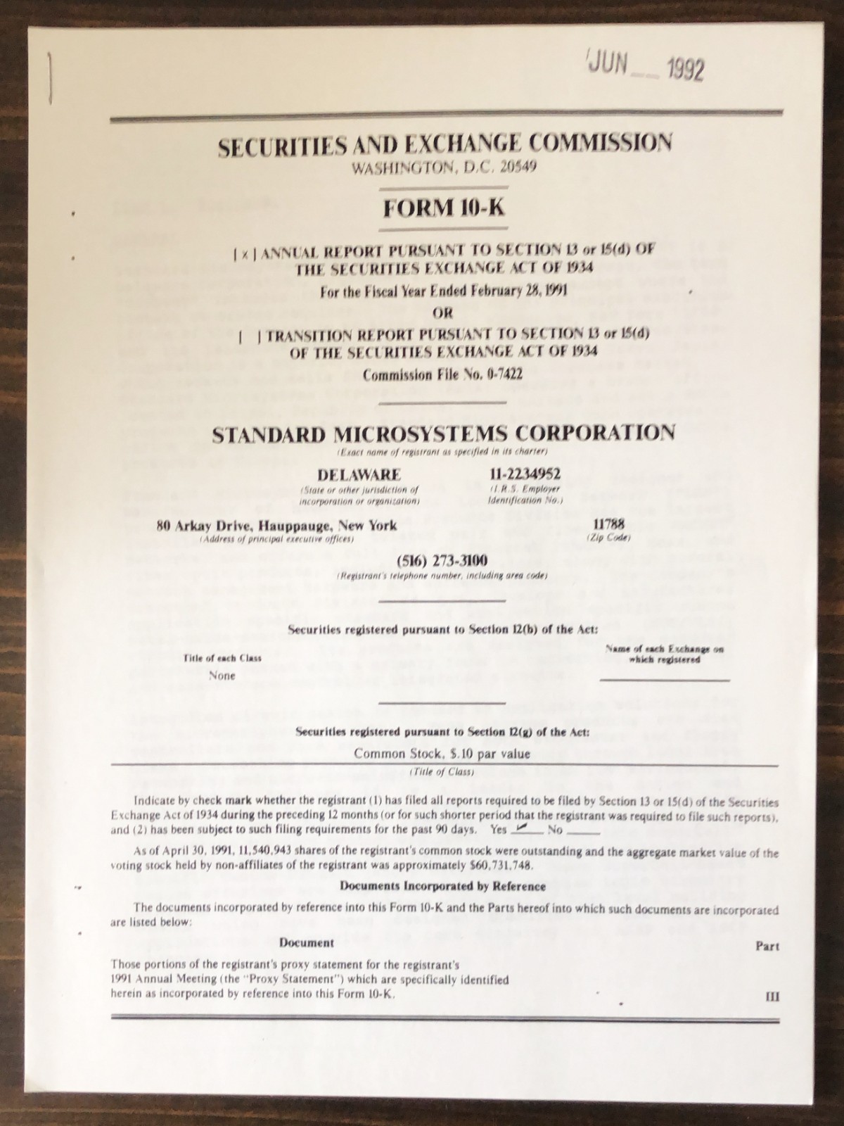 1991 Standard Microsystems Form 10-K Report