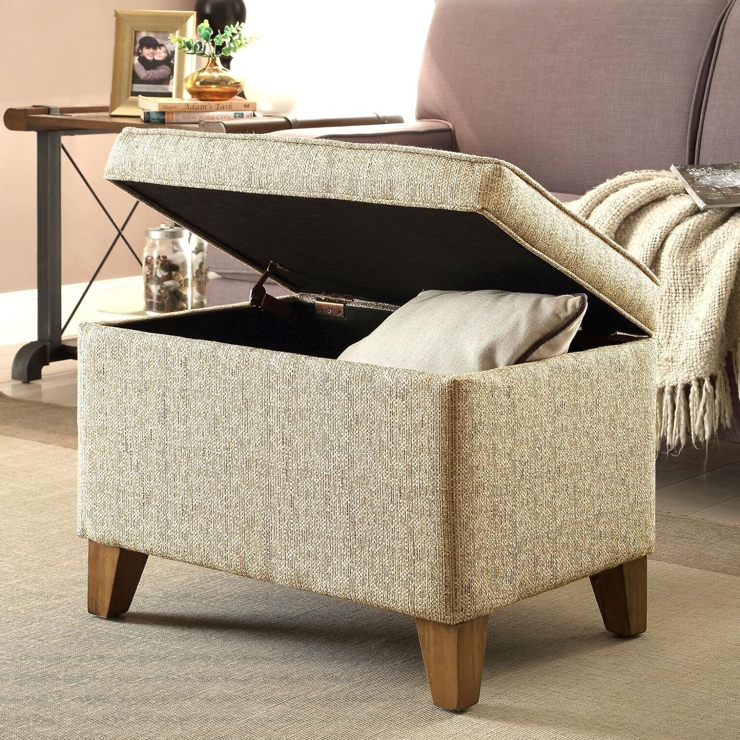 Homepop Home Decor | Medium Square Storage Ottoman with Hinged Cream Woven