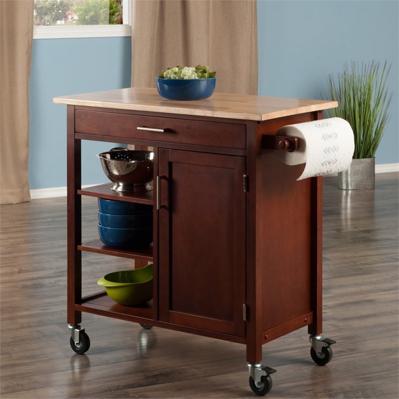 Pemberly Row 34.61"H Transitional Solid Wood Kitchen Cart in Walnut/Natural