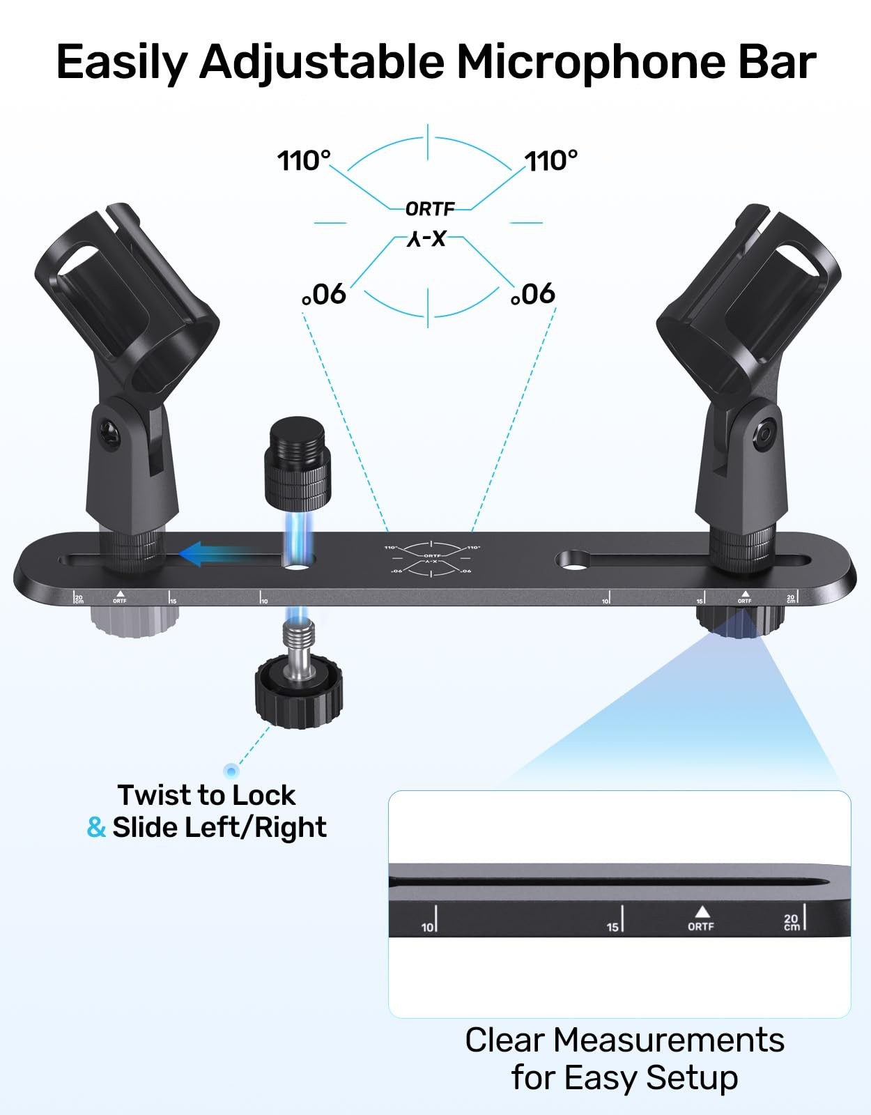 Stereo Array Spacing Mic Bar Mount, Aluminum Dual Microphone Holder with Rule...