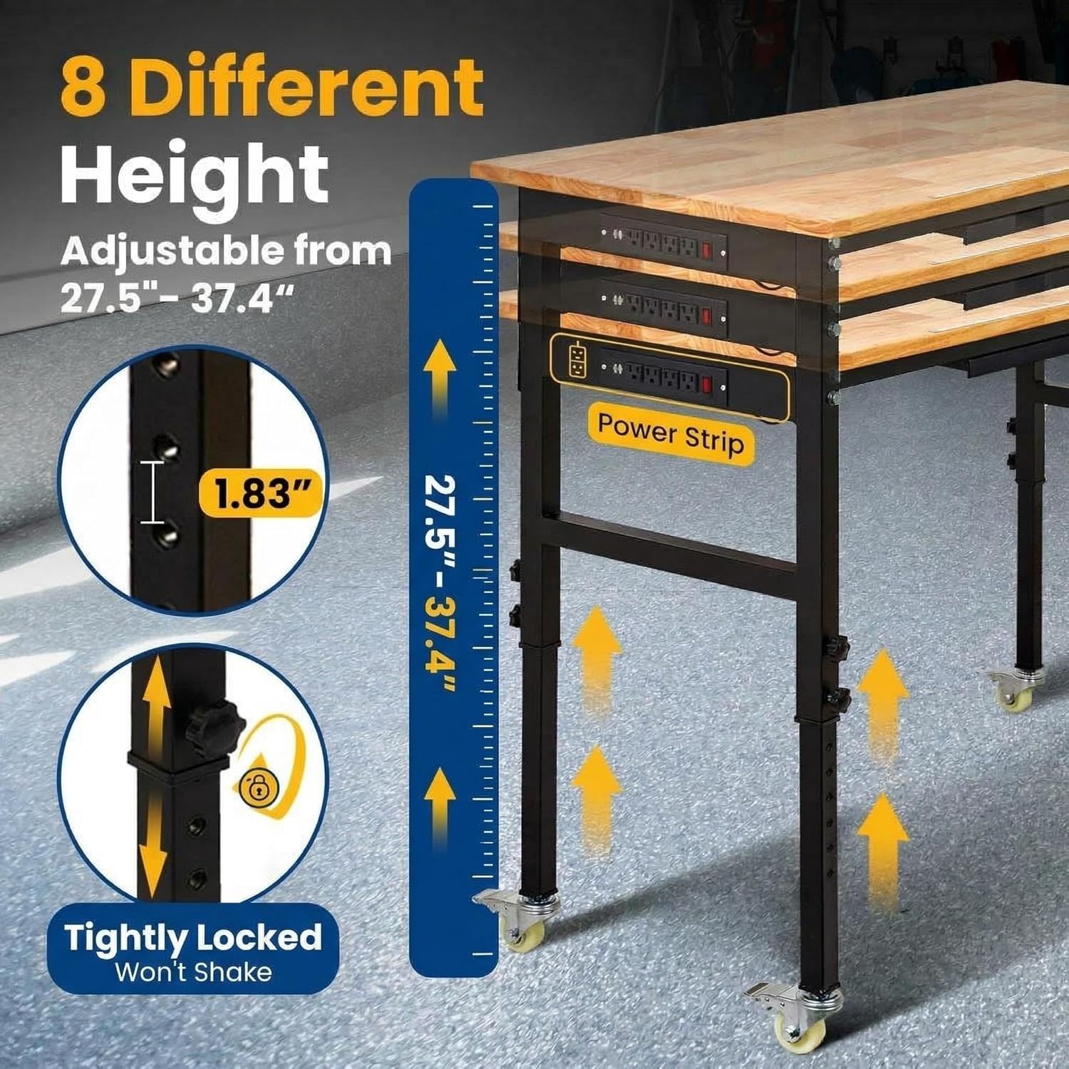 60" Adjustable Work Bench, Workbench Heavy-Duty Work Table for Garage, Workshop
