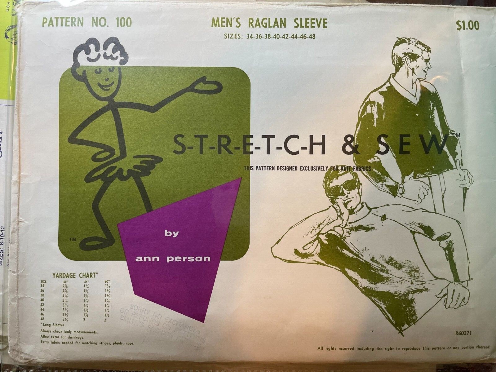Stretch & Sew Vintage 60's Men's Raglan Sleeve Shirt UnCut Sz.34-48 # 100