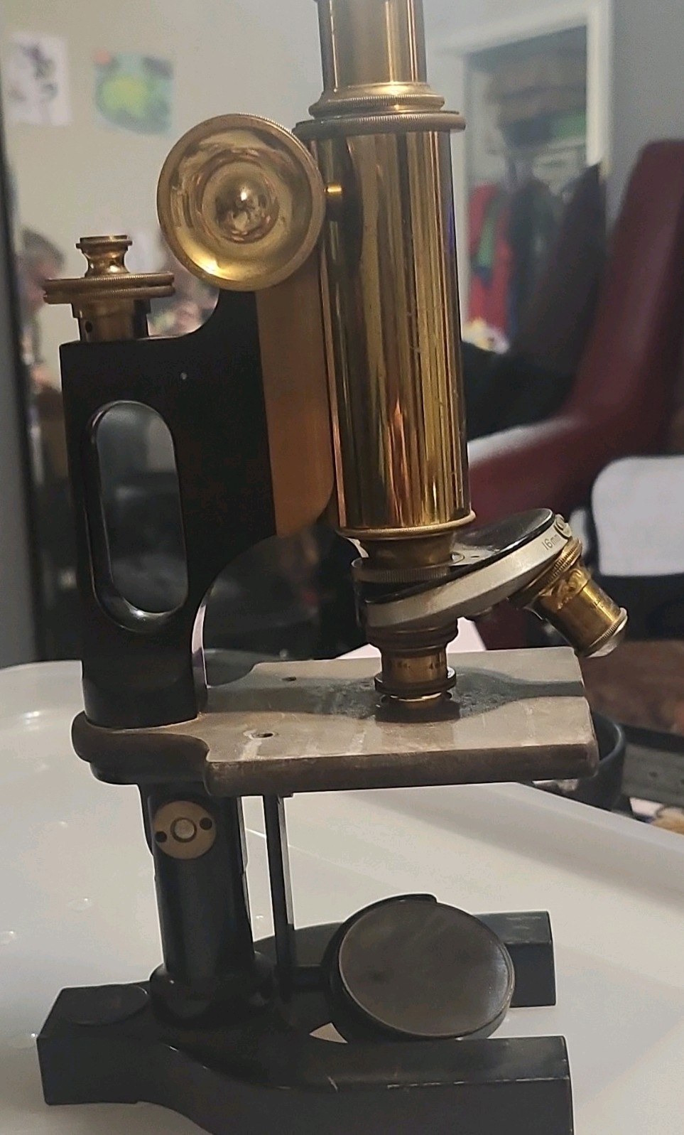 Antique Brass & Black Metal Microscope w/ Mirror, Stage & Objective Lenses