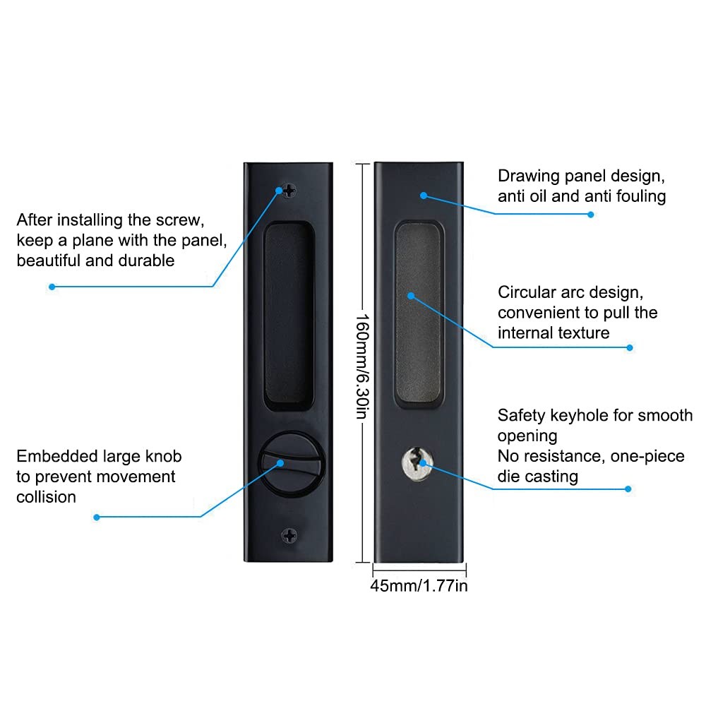 6.3 Inch Matte Black Privacy Pocket Door Lock Hardware Invisible Recessed