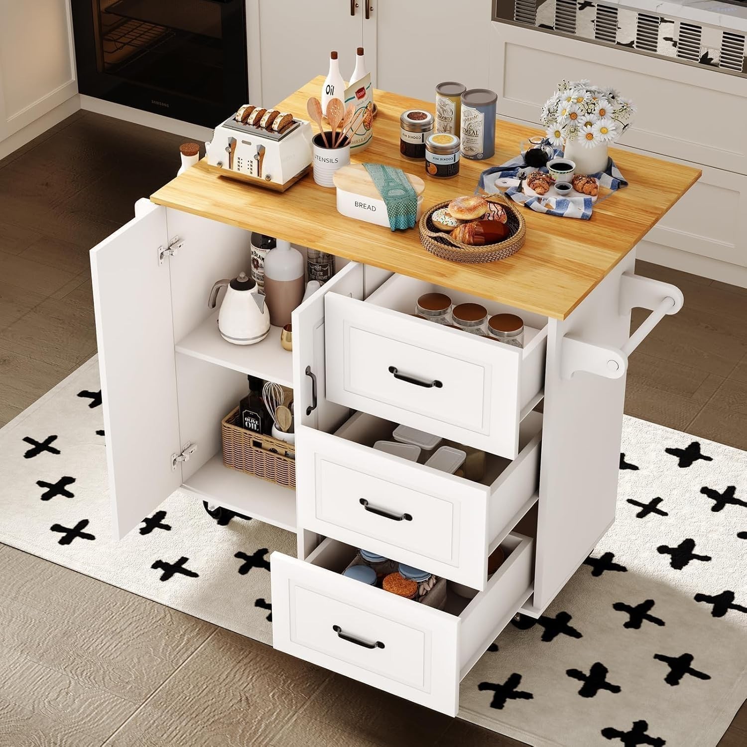 Kitchen Island with Storage on Wheels, Rolling Kitchen Island with Spice Rack...