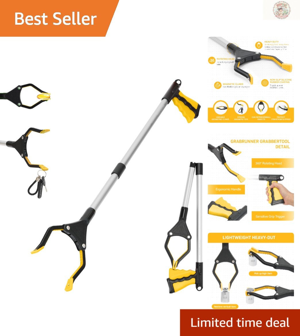 Foldable 32-Inch Grabber Tool with 360-Degree Rotation & Magnetic Tip, Yellow