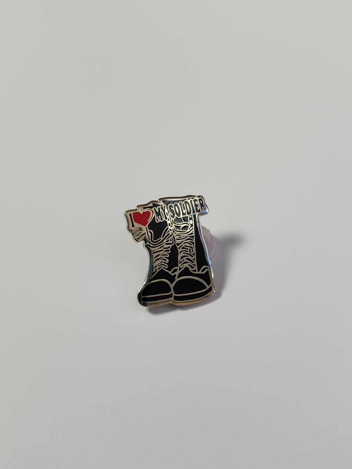 I Love My Soldier Lapel Pin Combat Boots and Red Heart