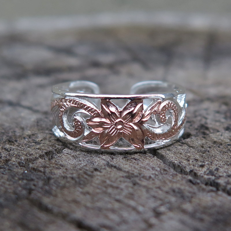 Sterling Silver Rose Gold Plated Plumeria Flower Hawaiian Scroll Band Toe Ring