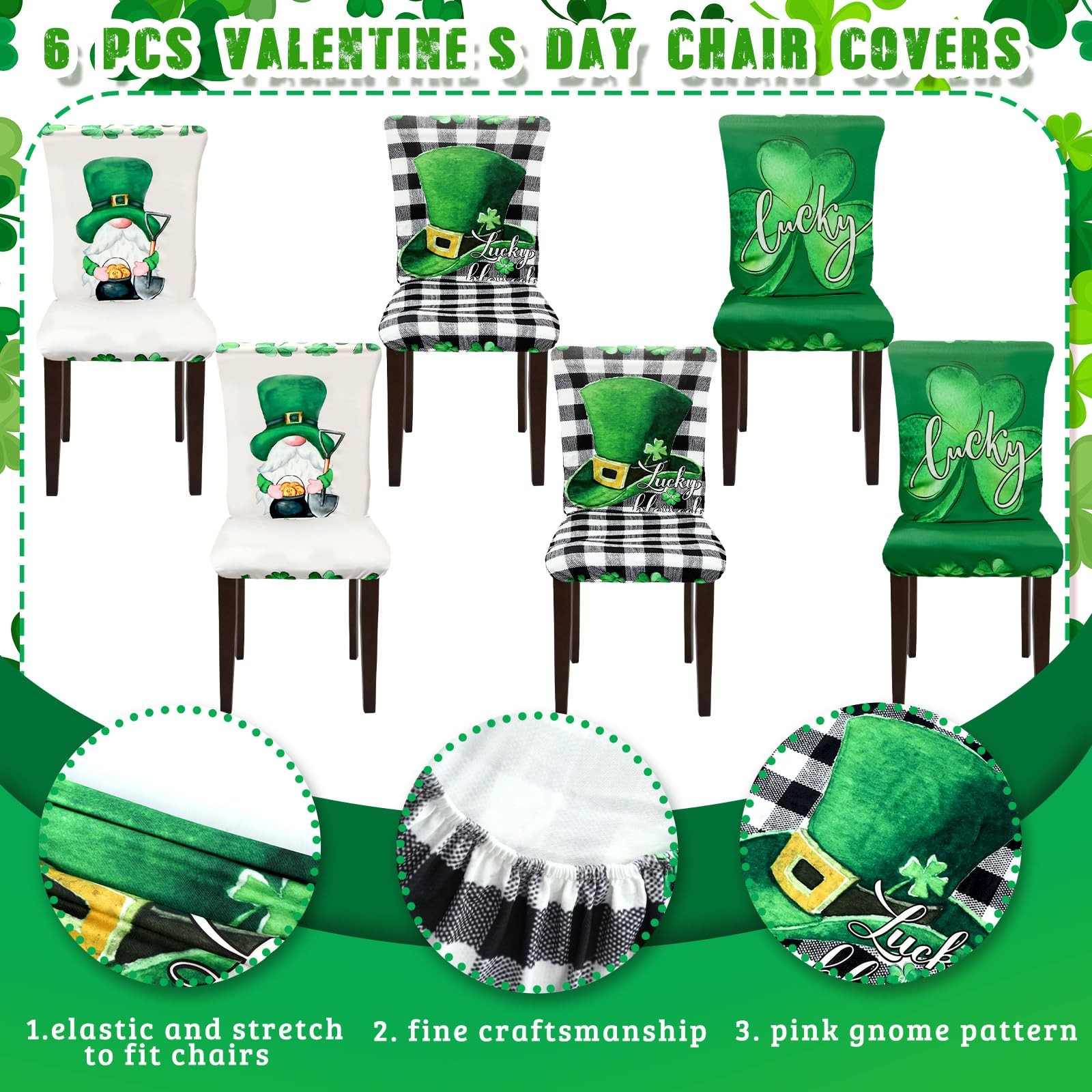 Dining Chair Cover, 6 Pcs St. Patrick's Day, Shamrock Gnome, Plaid, Stretchable,