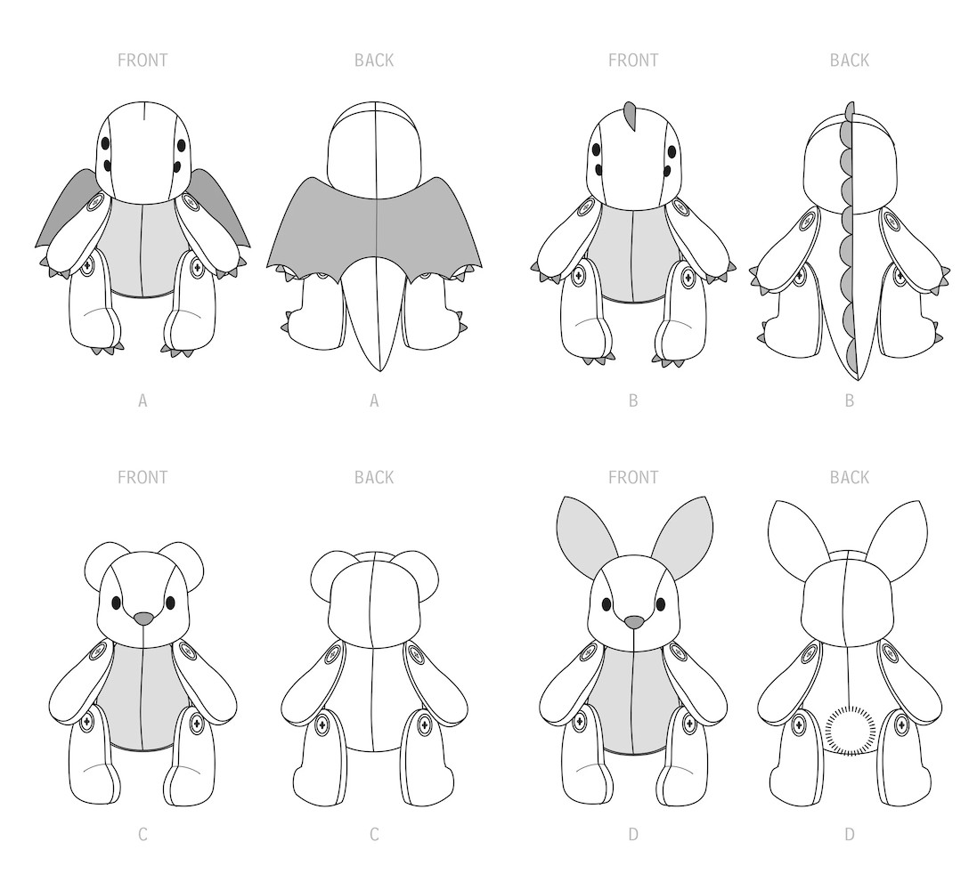 Dragon, Dinosaur, Bear, Bunny Stuffed Plushies Sewing Pattern~Simplicity 9441
