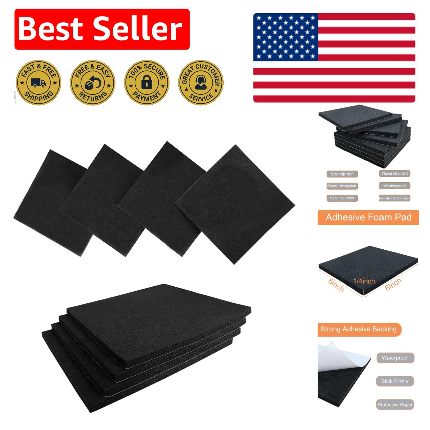 Closed Cell Foam Sheets - 8 Pack Black 6"x6" Anti-Vibration Pads 1/4" Thick