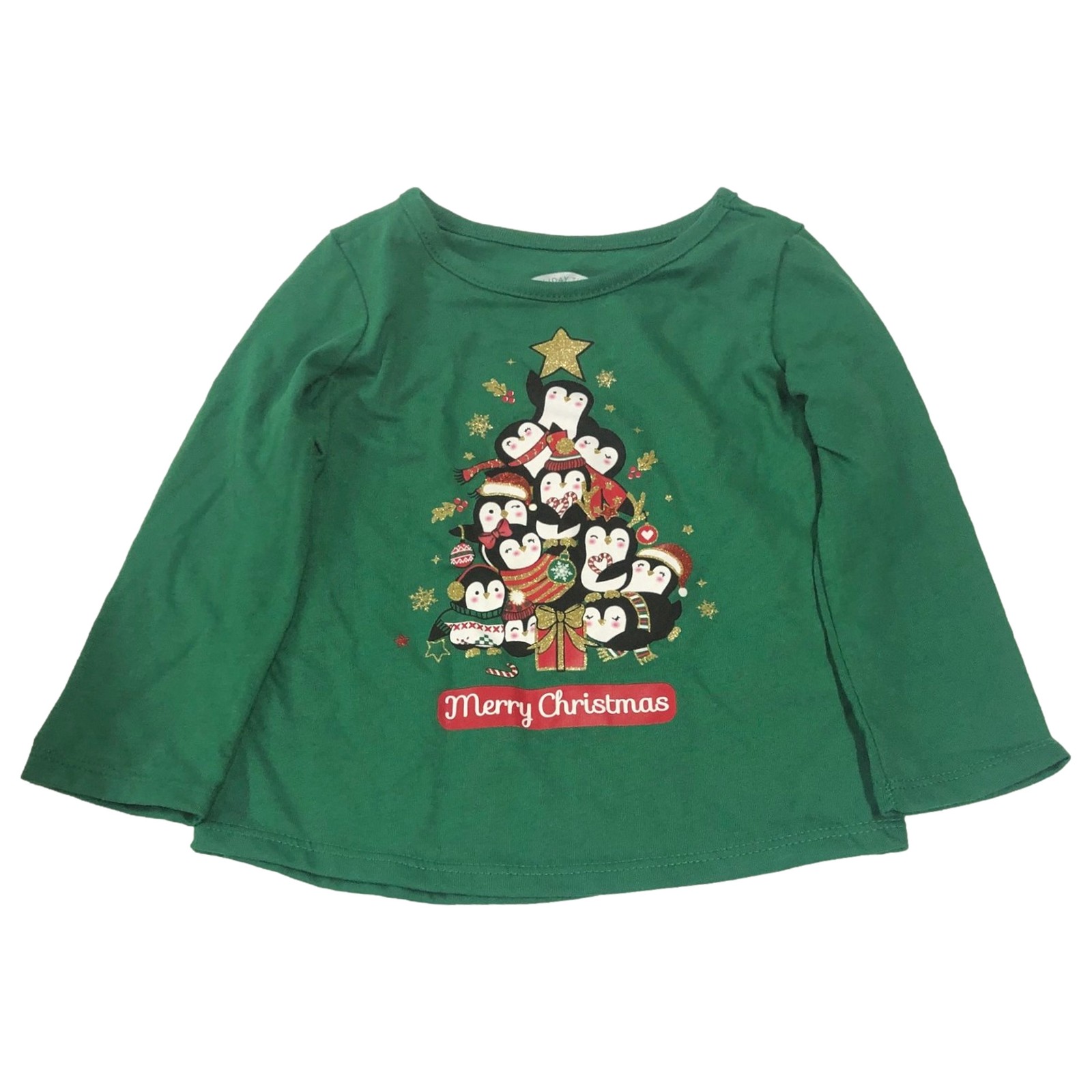 Infant Girls Green Glitter Penguin Christmas Tree Holiday Tee Shirt 12m