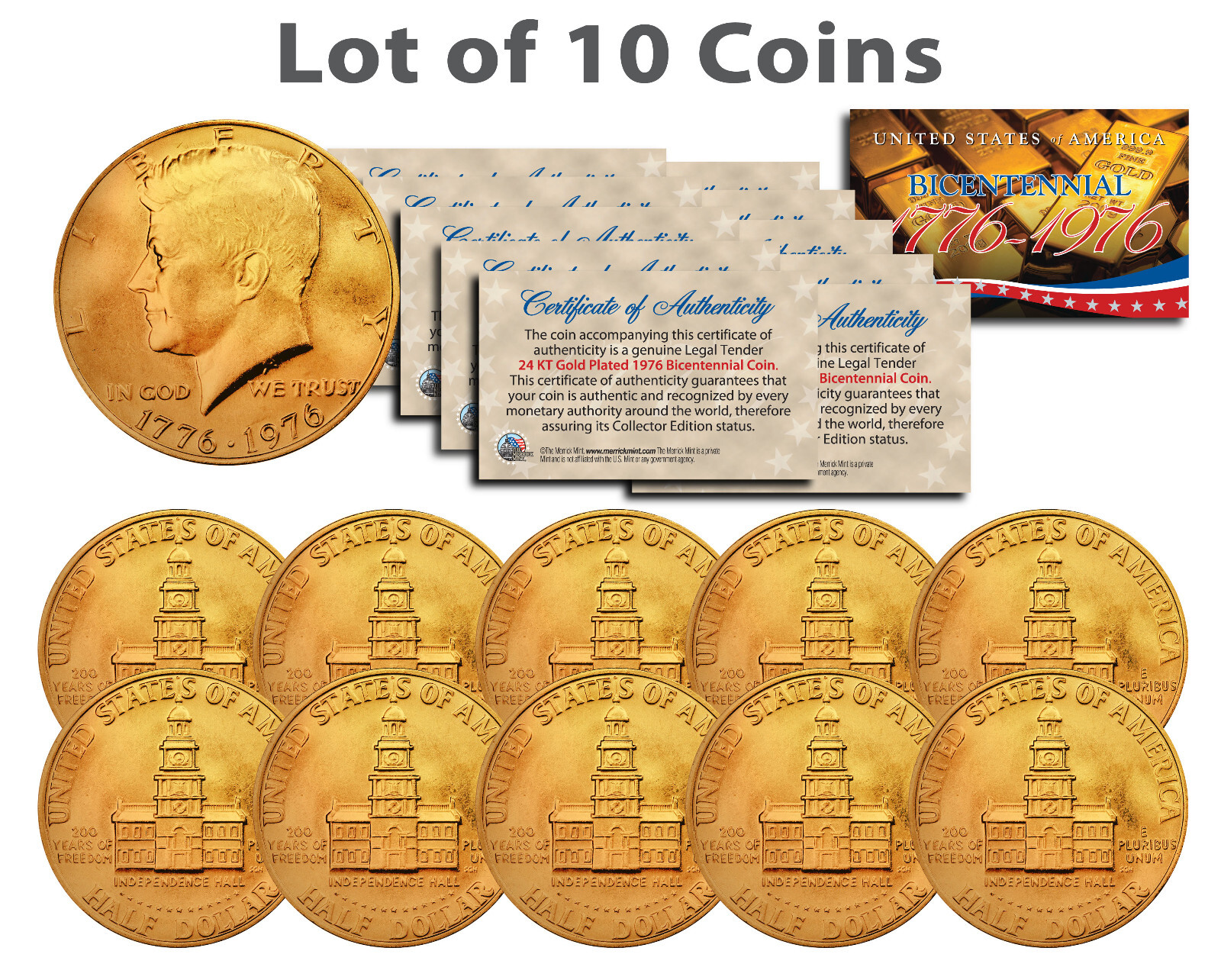 Bicentennial 1976 JFK Kennedy Half Dollar U.S. Coins 24K GOLD PLATED (Lot of 10)