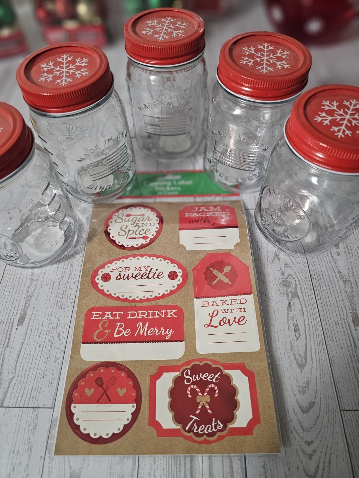 5 Christmas Snowflake Pint Mason Jars w/  14 Count Canning Label Stickers 12oz