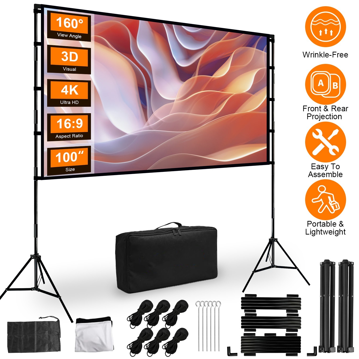 100/120in 4K Movie Screen Projector Screen with Stand 16:9 HD Theater Backyard