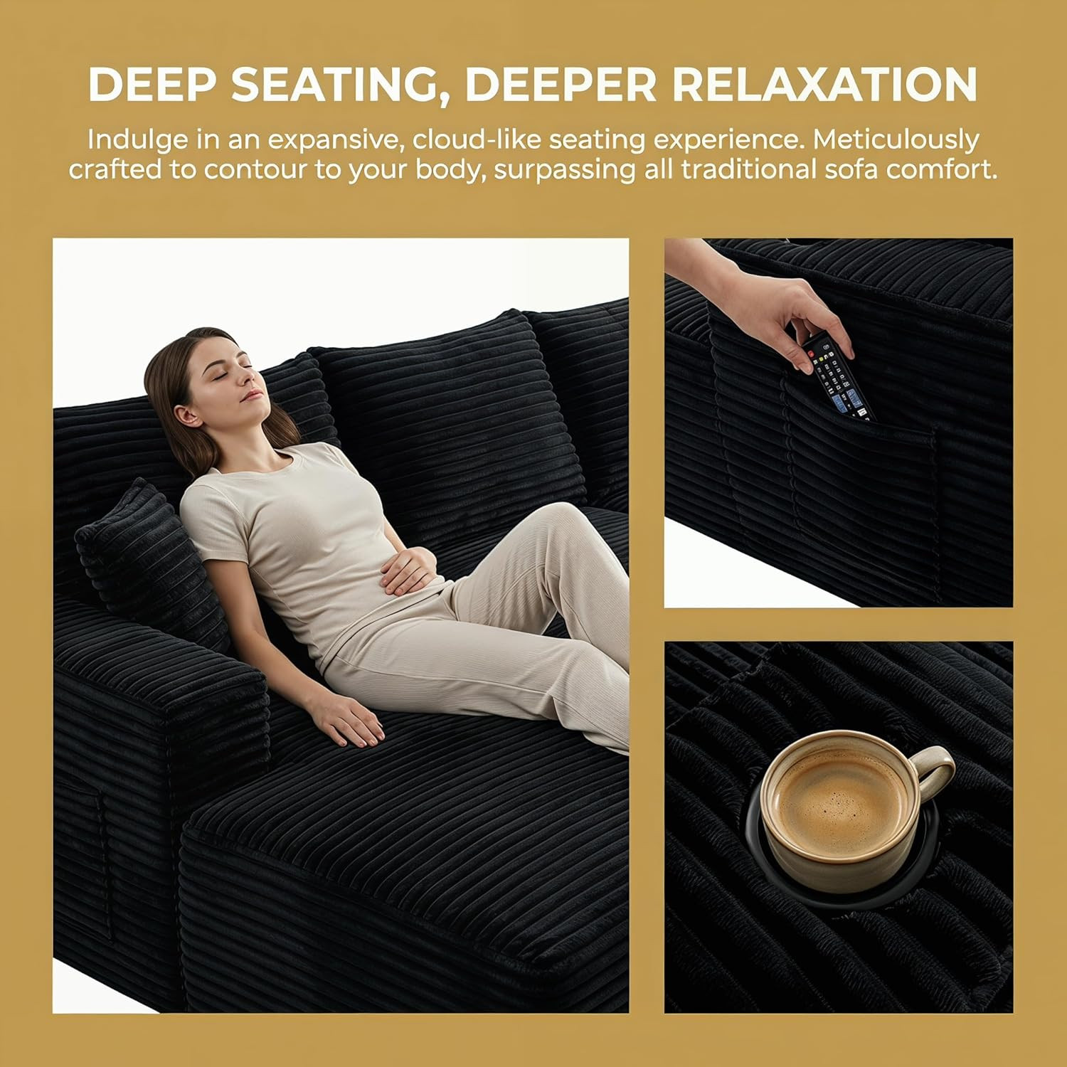 134" U-Shaped Modular Sofa with Cup Holders & Pockets - No Assembly, Black