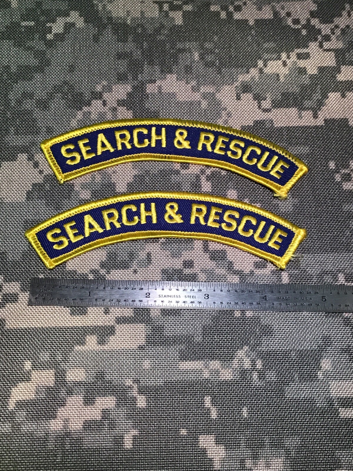 Lot Of 2 “Search & Rescue” 7/8” X 5” Rocker Patch Tabs Navy Blue / Gold JJ-3