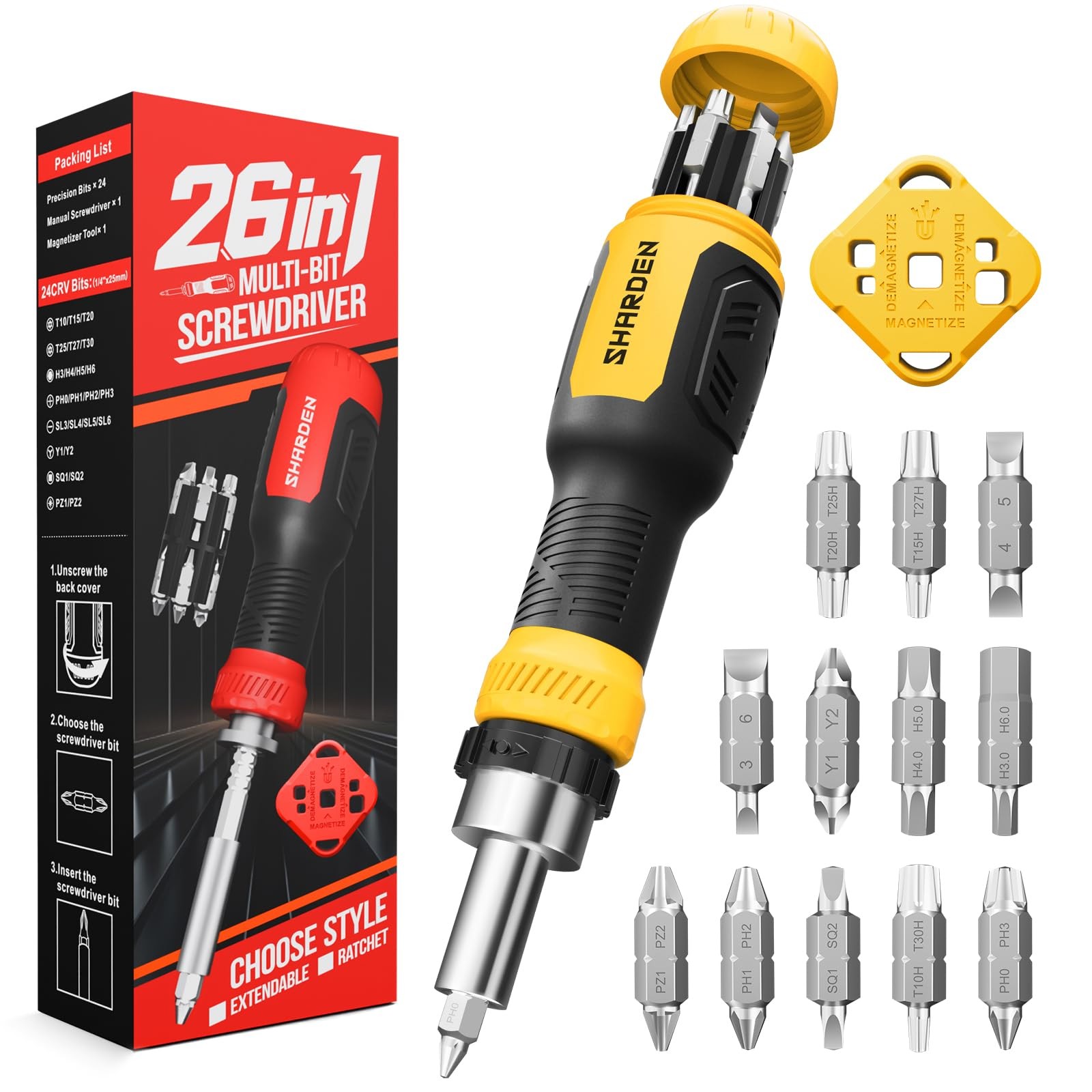 SHARDEN 26-in-1 Ratcheting Screwdriver Set Ratchet-NonExtendable, Yellow