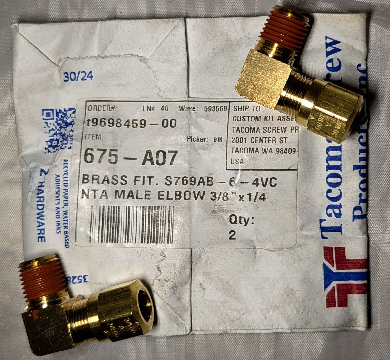 2 Tacoma Screw 675-A07 3/8 Tube x 1/4 NPT DOT Air Brake 90° Male Elbows