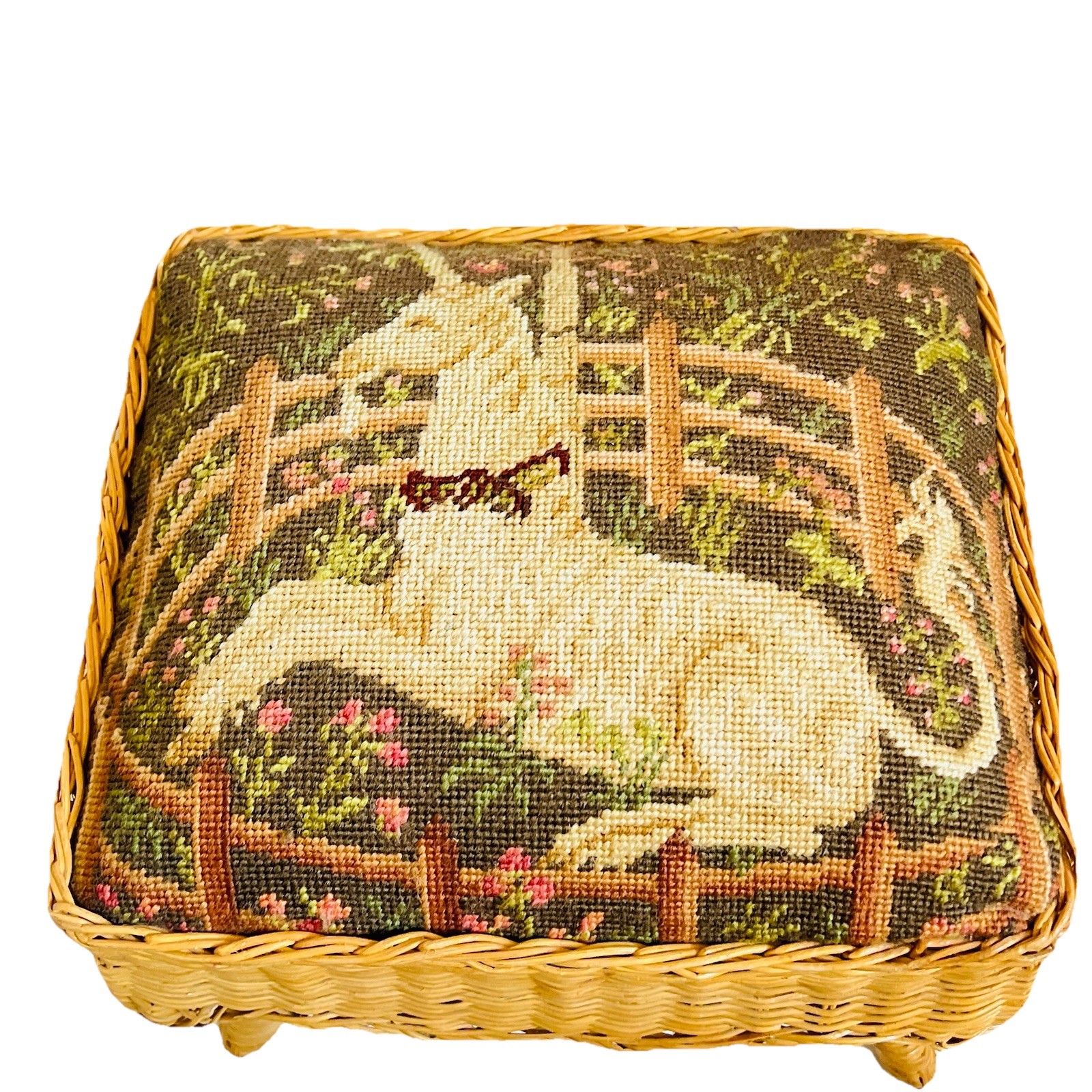 Vintage Wicker Footstool Needlepoint With Enchanted Forest Unicorn Design