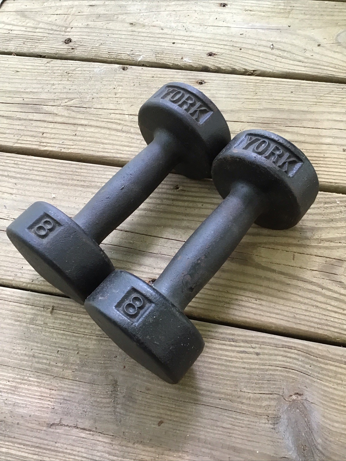 Lot of 2 Rare Vintage York Cast Iron Roundhead Dumbbells 8Lb (16lb Pair)