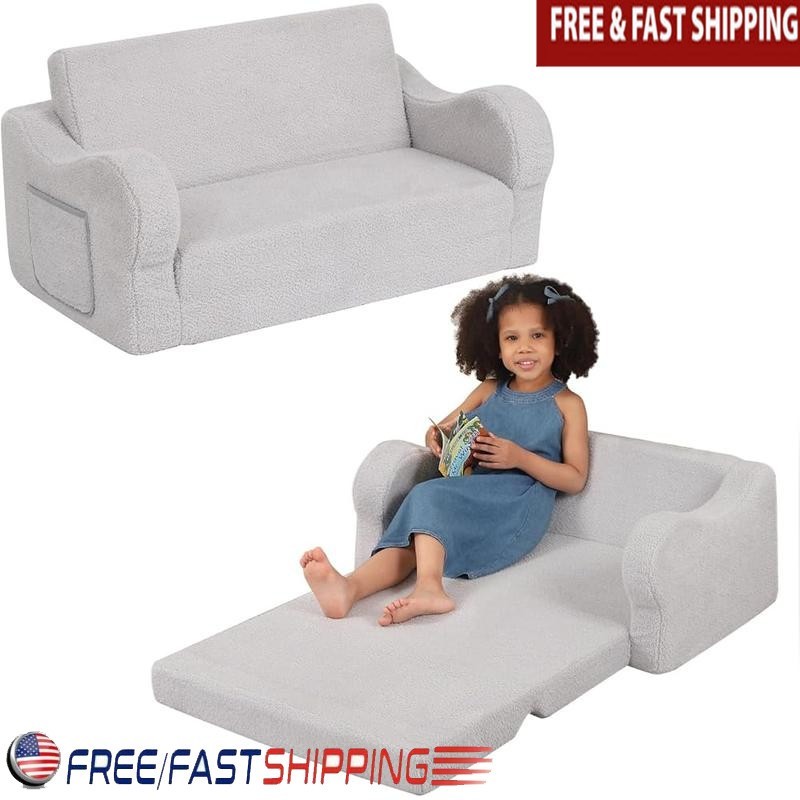 Extra Wide Toddler Couch 2-In-1 Flip Sofa Lounge Kids Portable Soft Recliner New